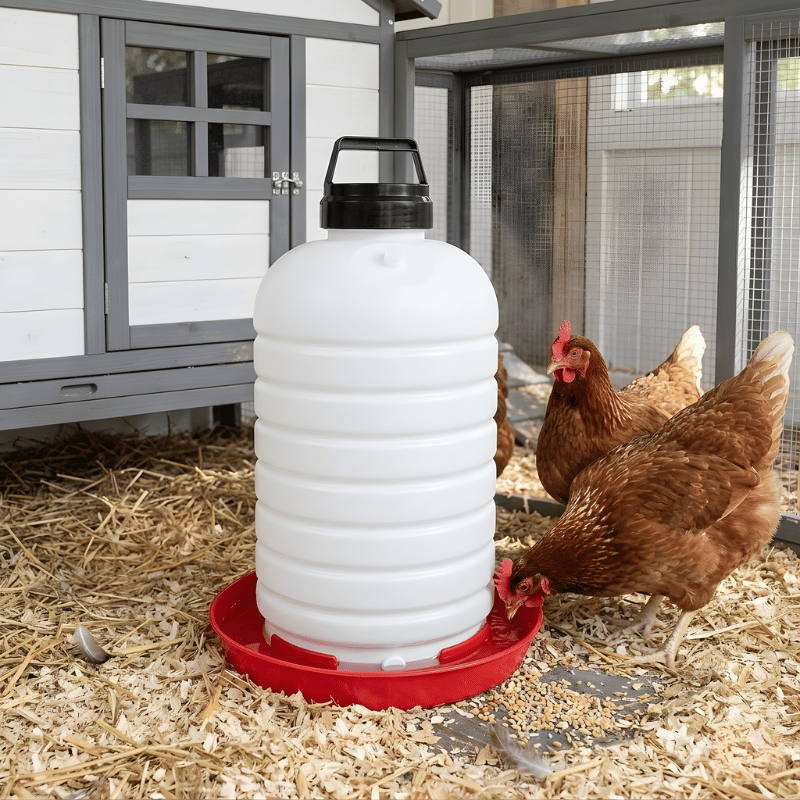 White chicken waterer with red base on a chicken coop floor, with chickens around.