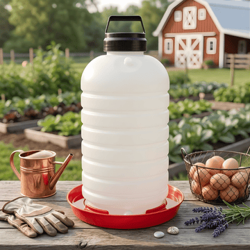 White plastic chicken waterer with black lid on a red base, surrounded by gardening tools and a basket of eggs in a garden setting.