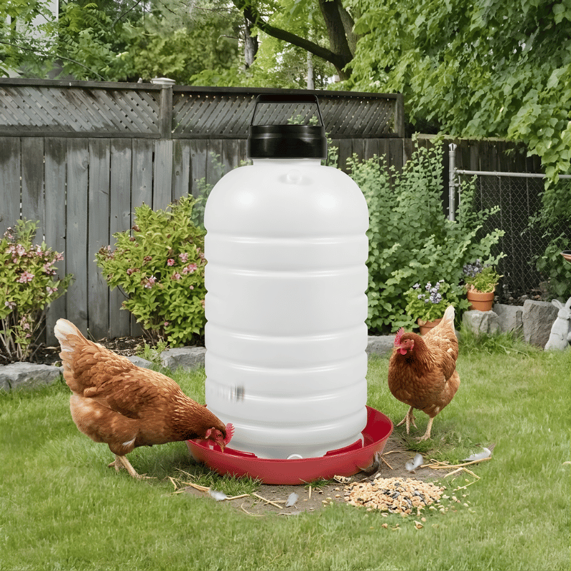 Two chickens drinking from a large white plastic chicken waterer in a garden setting.