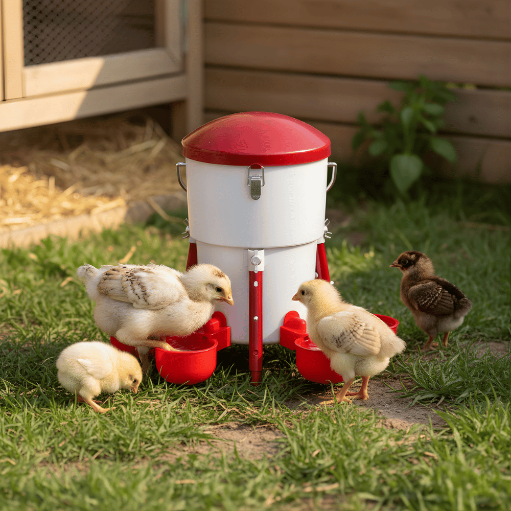 Red and white chicken waterer with chicks around it in a grassy area.