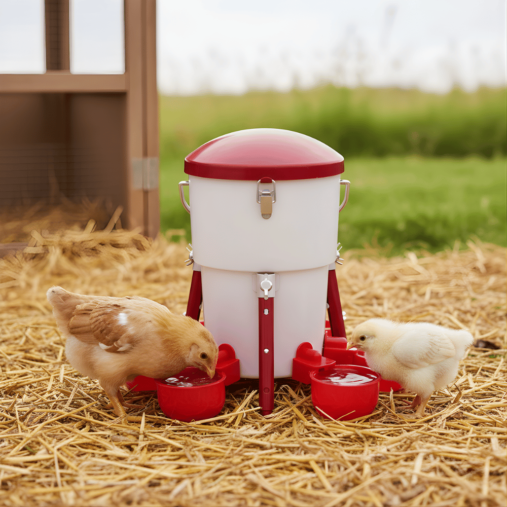 White and red poultry waterer with chickens eating on a straw-covered floor.