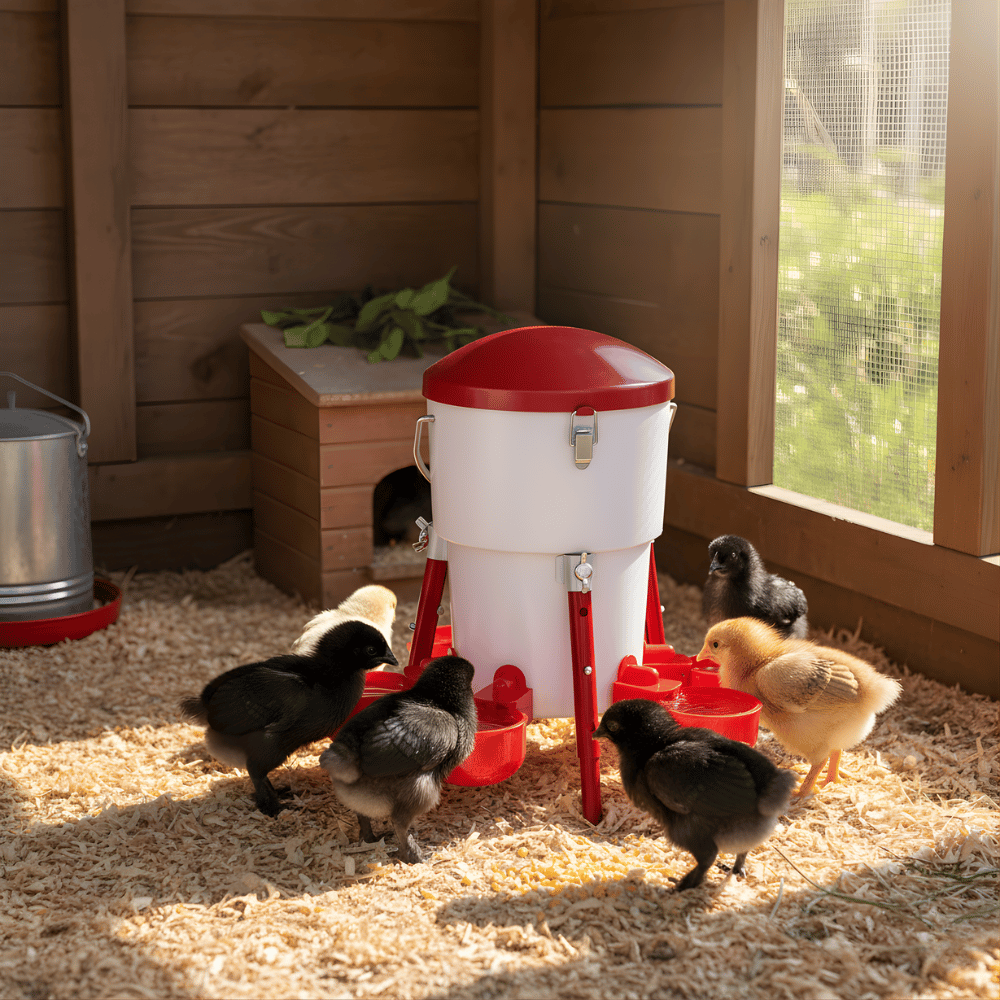 Chickens around a red and white chicken waterer in a wooden coop.