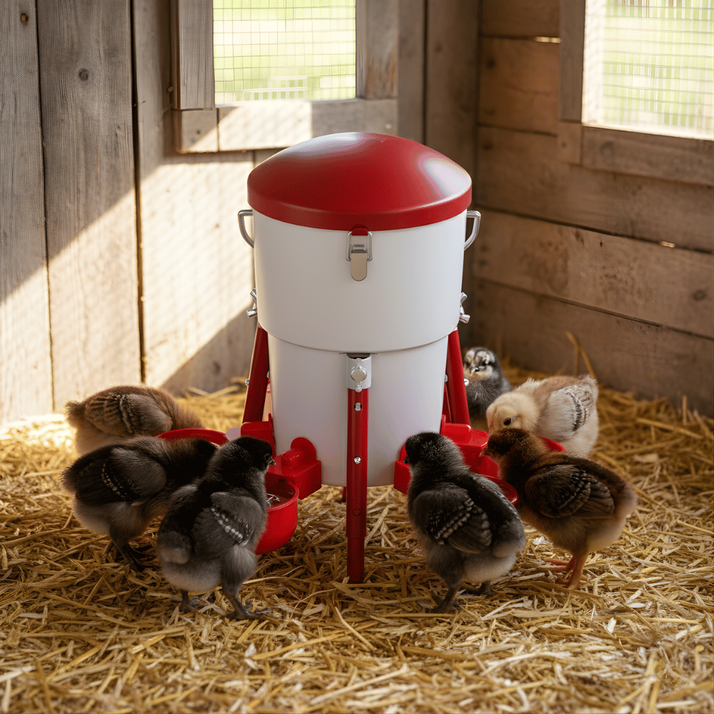Red and white poultry waterer with chicks around it in a barn setting