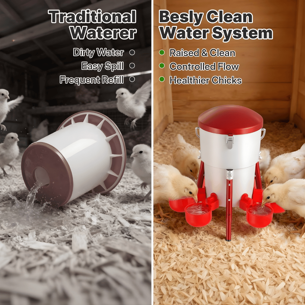 Comparison of traditional waterer and Besly Clean Water System with chickens around.