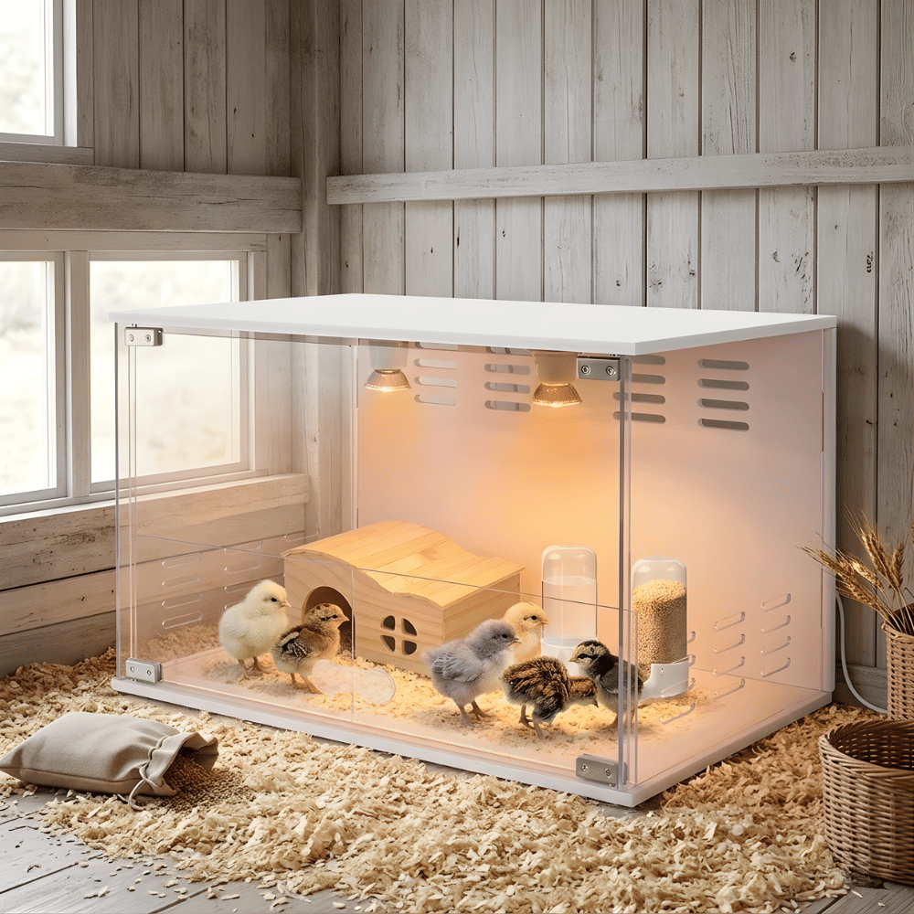 Clear glass chick brooder box with small chickens inside, set against a wooden wall.