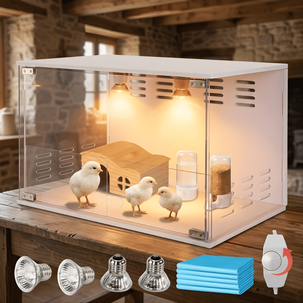 Brooder box with chicks, wooden house, food dispenser, and accessories on a wooden surface.