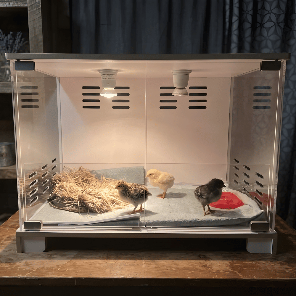 Chick brooder box with chicks inside on a wooden surface