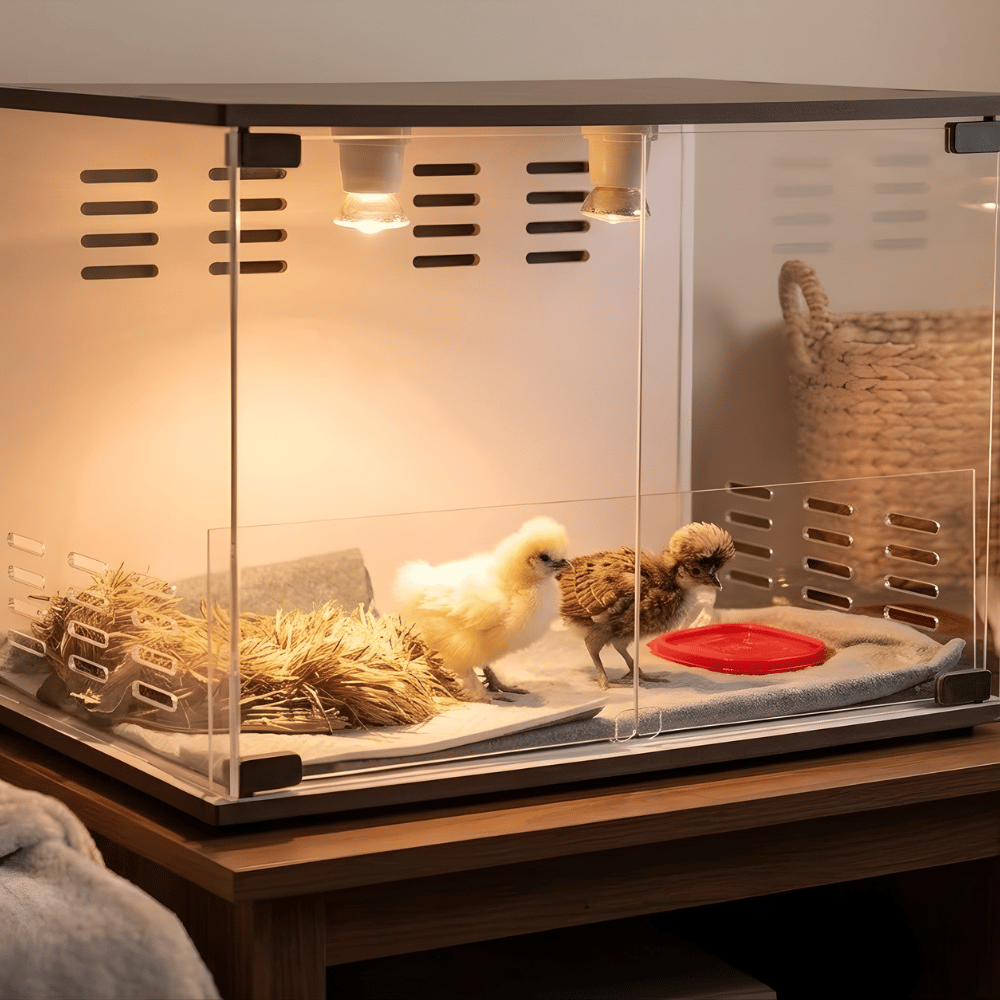 Two small birds inside a transparent chick brooder box on a wooden surface.