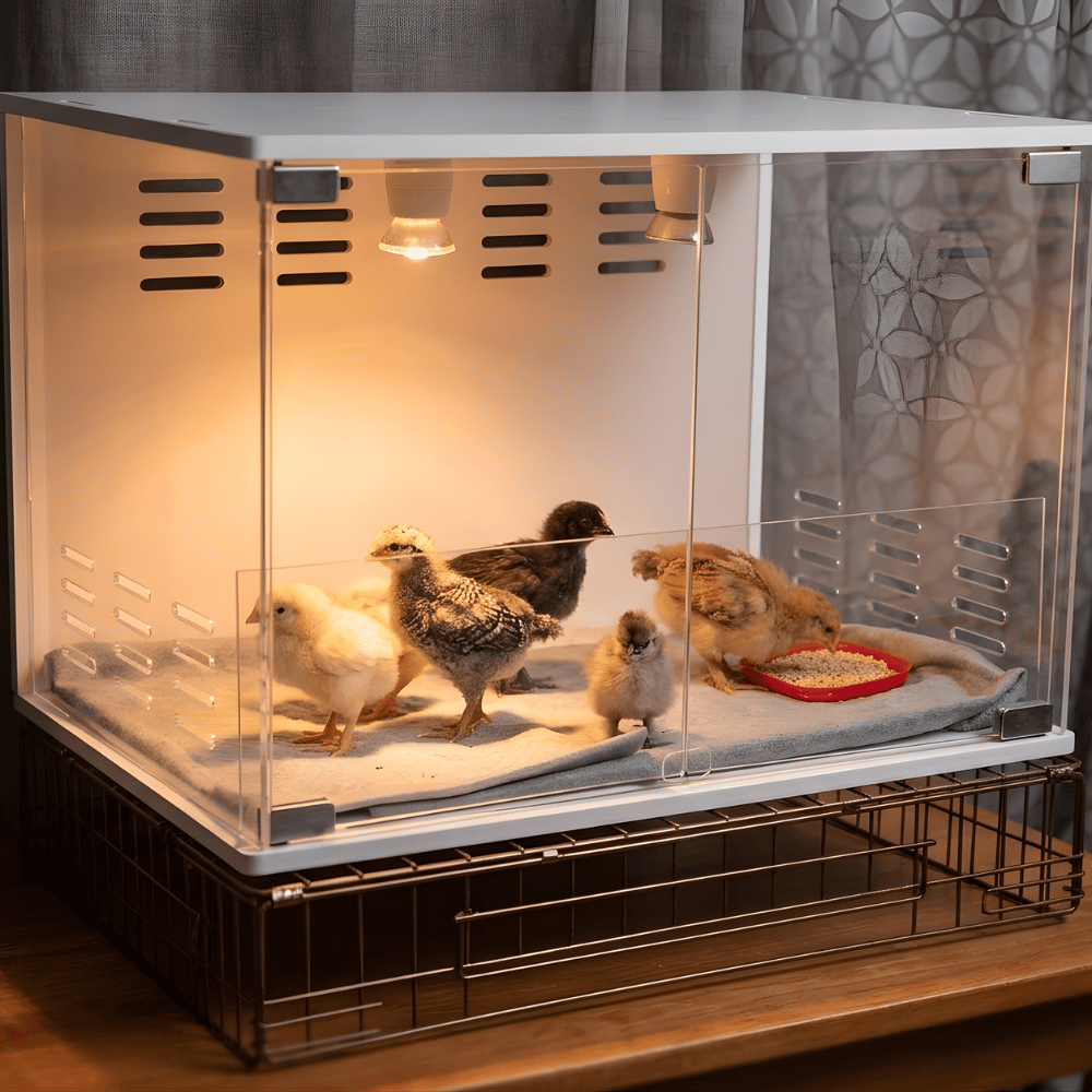 Group of chicks in a transparent brooder box