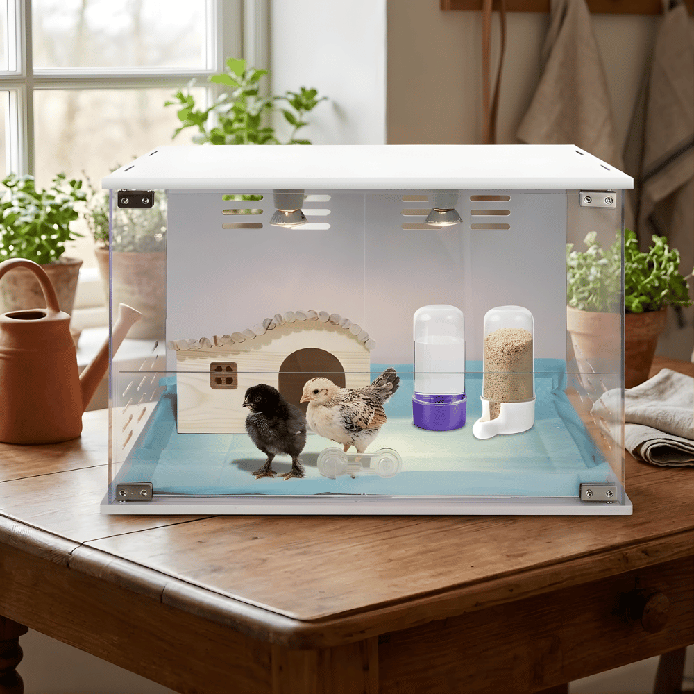 Chick brooder box with small chicks inside on a wooden table