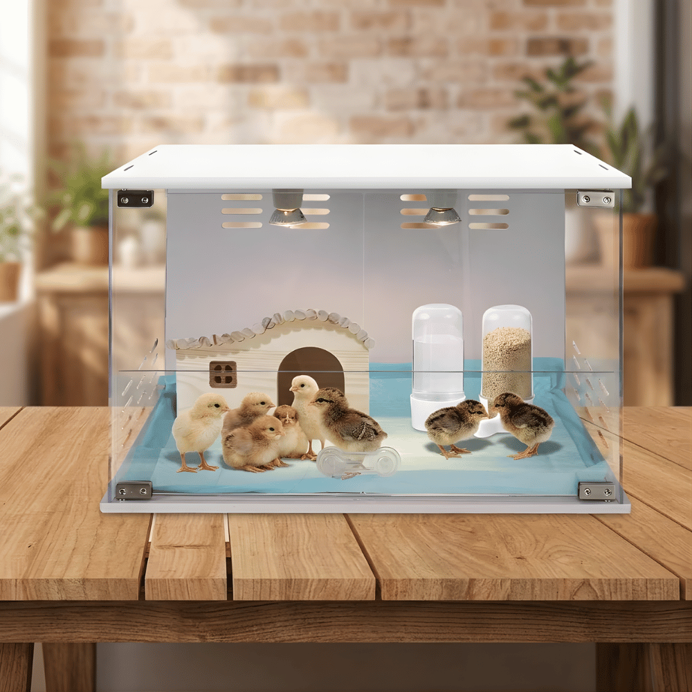 Clear acrylic chick brooder with chicks on a wooden table