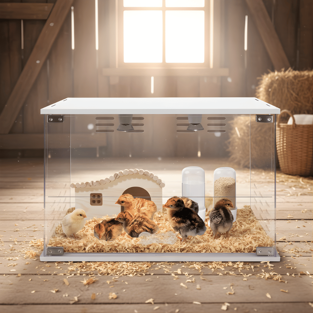 Clear chick brooder box with small animals on a wooden floor in a warm, rustic setting