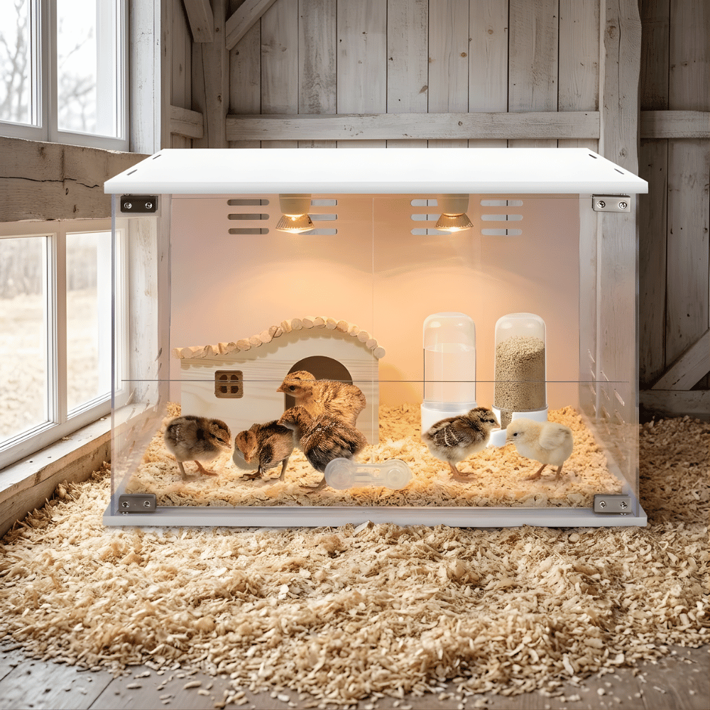 Clear chick brooder box with small animals on a wooden floor in a warm, rustic setting