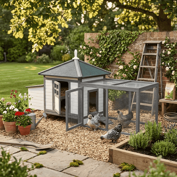 Chicken coop with two chickens in a garden setting