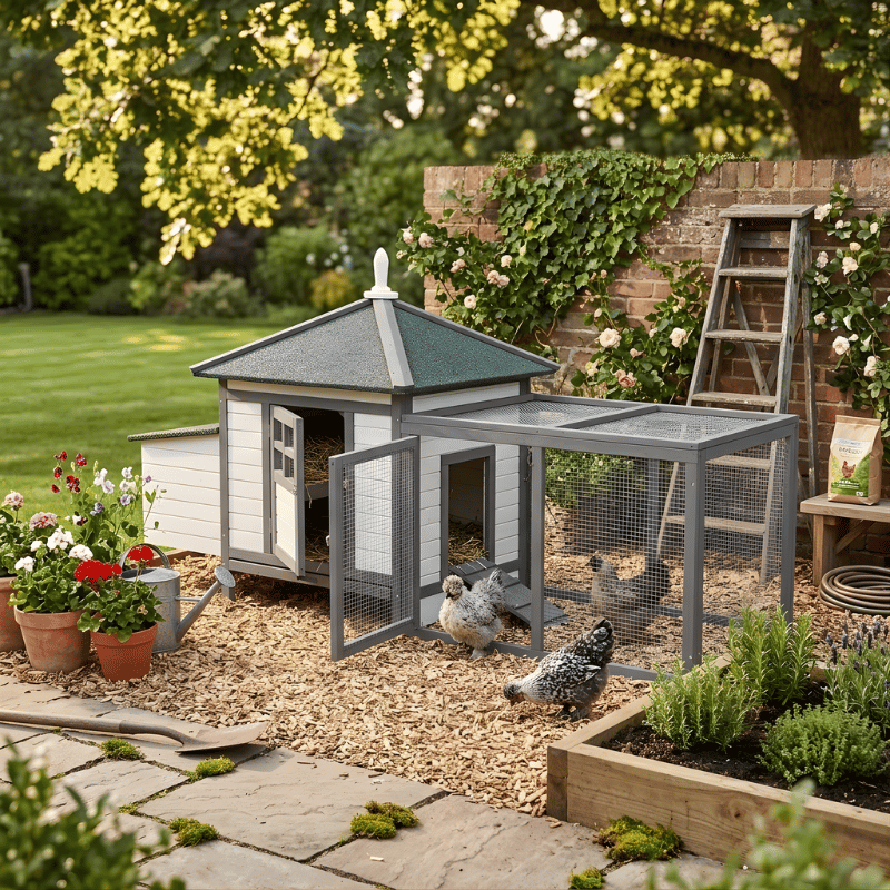 Chicken coop with two chickens in a garden setting