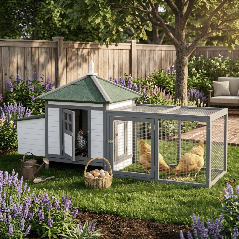 Gray chicken coop with green roof in a garden setting with flowers and a tree.