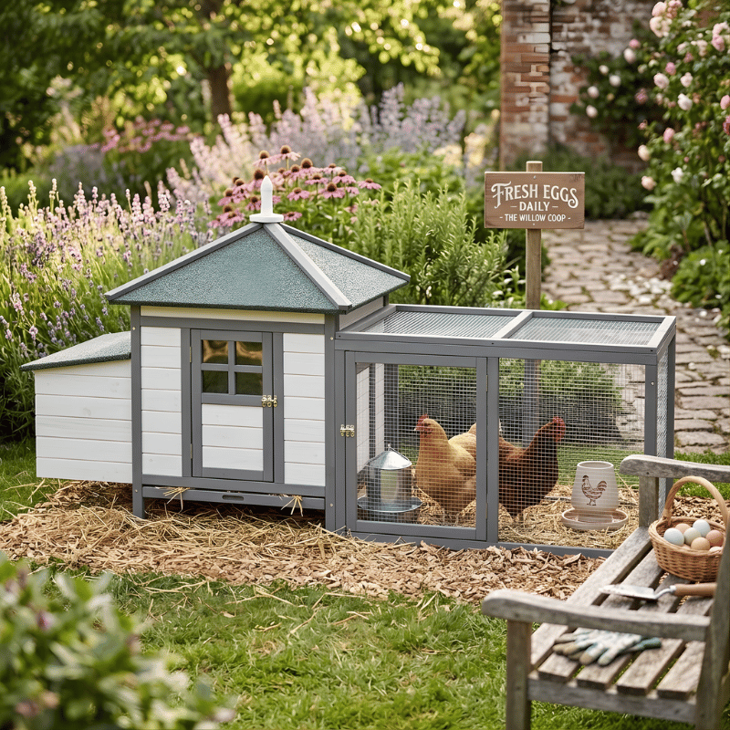 Chicken coop with chickens in a garden setting