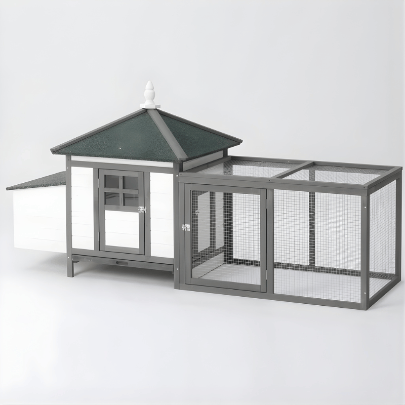 Large outdoor chicken coop with a roof on a white background