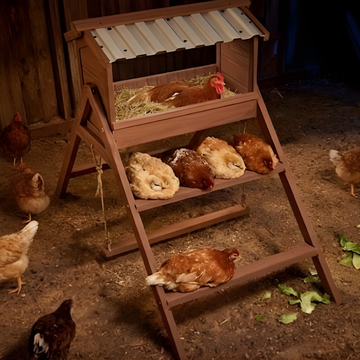 Wooden chicken coop with multiple levels, chickens around, and a dark background.