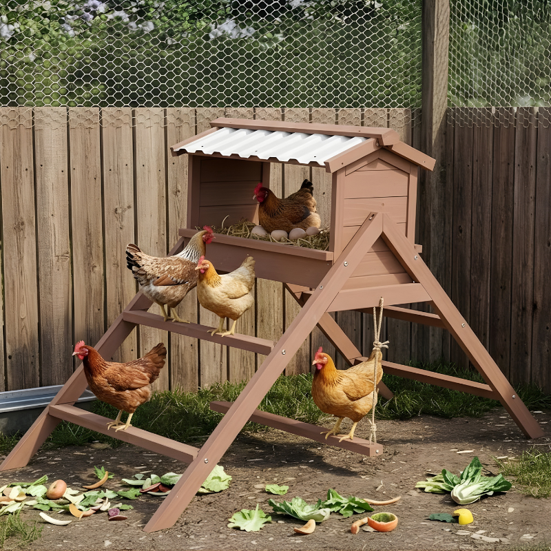 Wooden chicken coop with chickens around in a backyard setting
