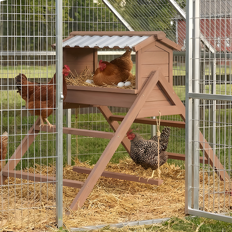 Wooden chicken coop with chickens inside in a fenced area