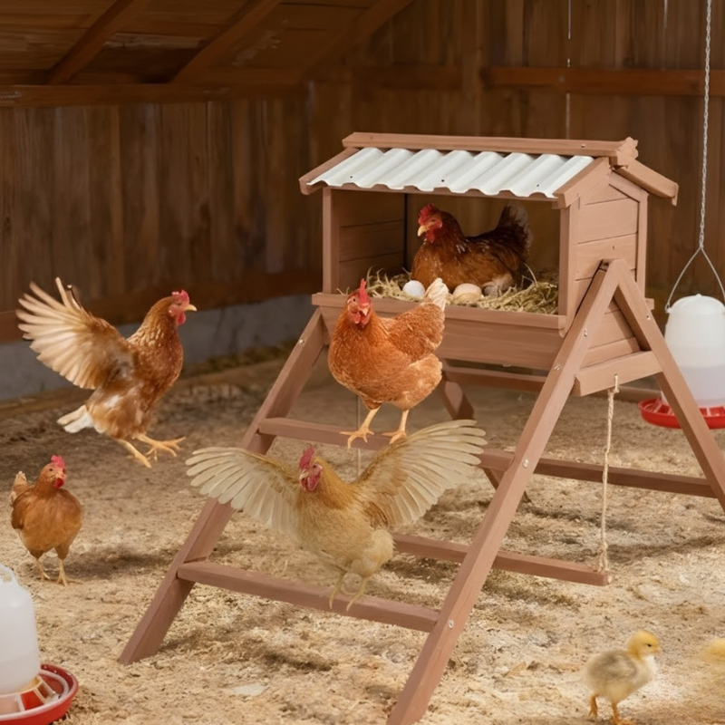 Hens and a chick near a wooden chicken coop in a barn setting