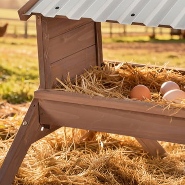Wooden chicken coop with eggs on a grassy field