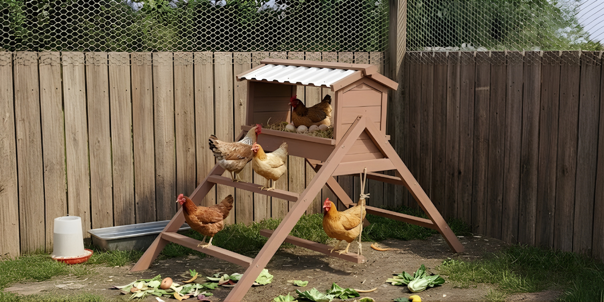 Chicken coop with chickens in a backyard setting