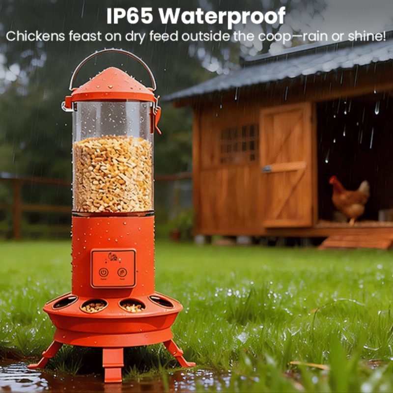 Orange automatic chicken feeder with rain cover in a garden setting, featuring text about waterproof rating.
