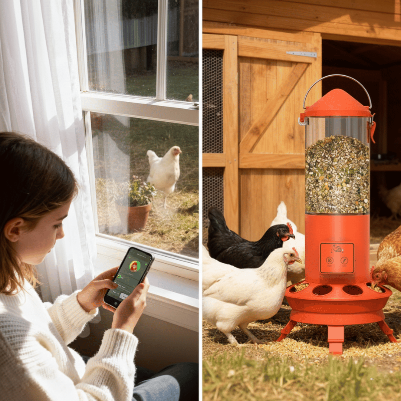 Person using a smartphone app to monitor chickens in a coop with an orange chicken feeder.