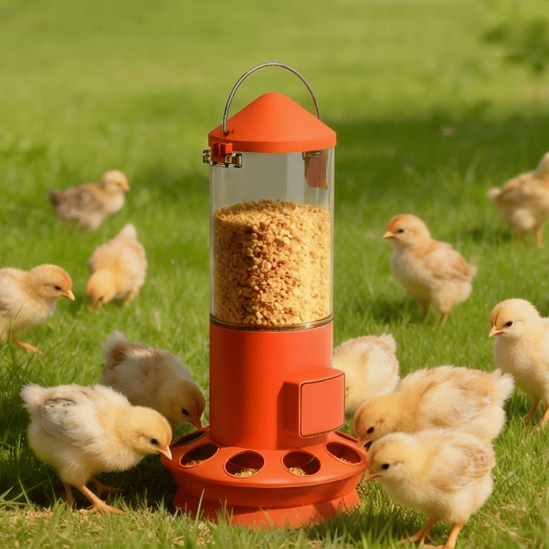 Orange automatic chicken feeder with chicks around on a grassy field