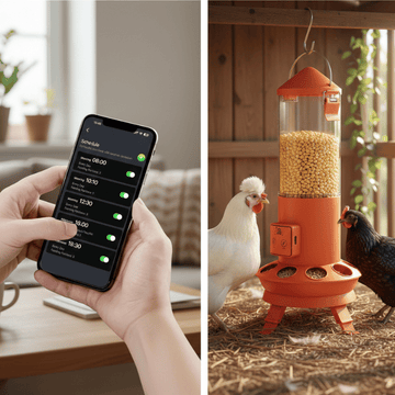 Smartphone app control for a chicken feeder with chickens in a barn.