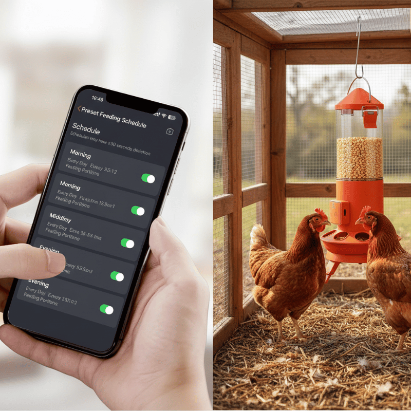 Smartphone app for poultry management and chickens in a coop with a feeder.