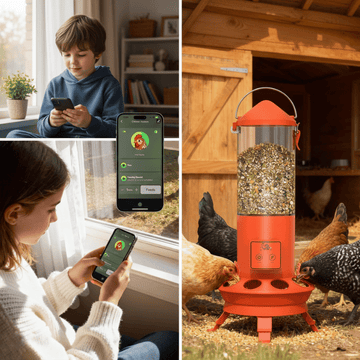 Collage of a child and woman using a smartphone app, and a red bird feeder with chickens.