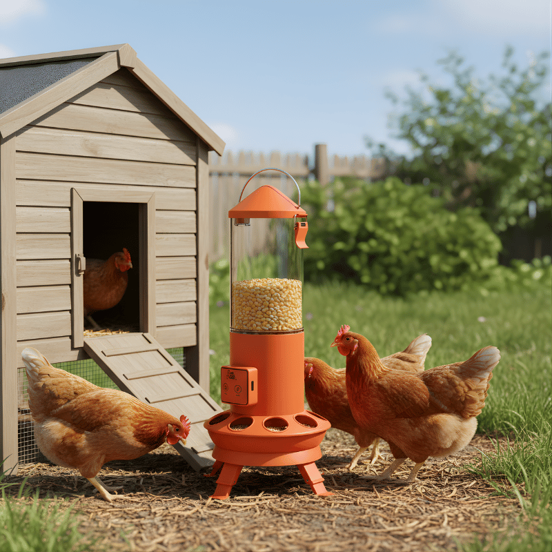 Hens around a chicken feeder in front of a coop on a sunny day.