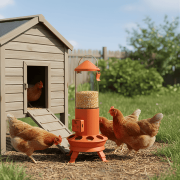Hens around a chicken feeder in front of a coop on a sunny day.