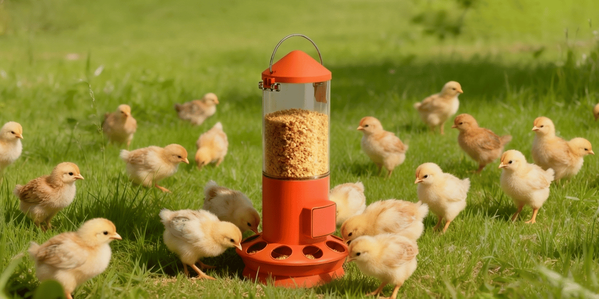 Group of chicks around a automatic feeder filled with corn in a grassy field