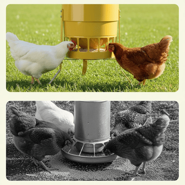 Two images of chickens feeding from a yellow and gray poultry feeder on grass and dirt.