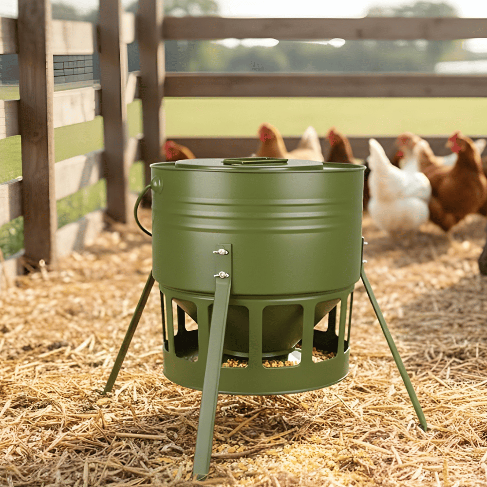 Green chicken feeder on a farm with chickens in the background