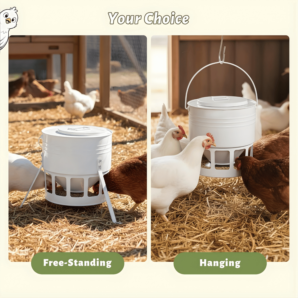 Two images showing a chicken feeder for free-standing and hanging installation with chickens around.