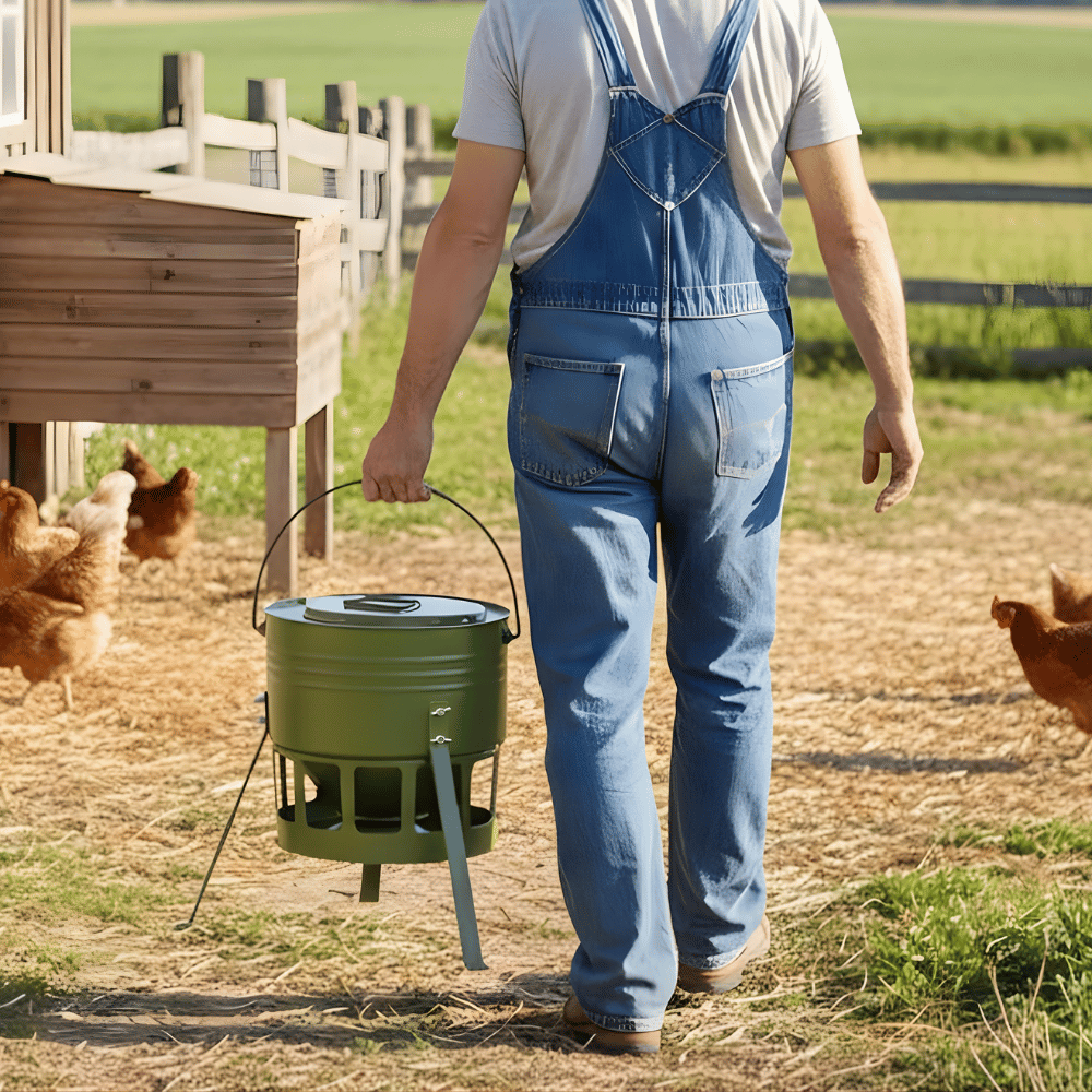 Man in blue overalls holding a green metal feeder with chickens in the background on a farm.