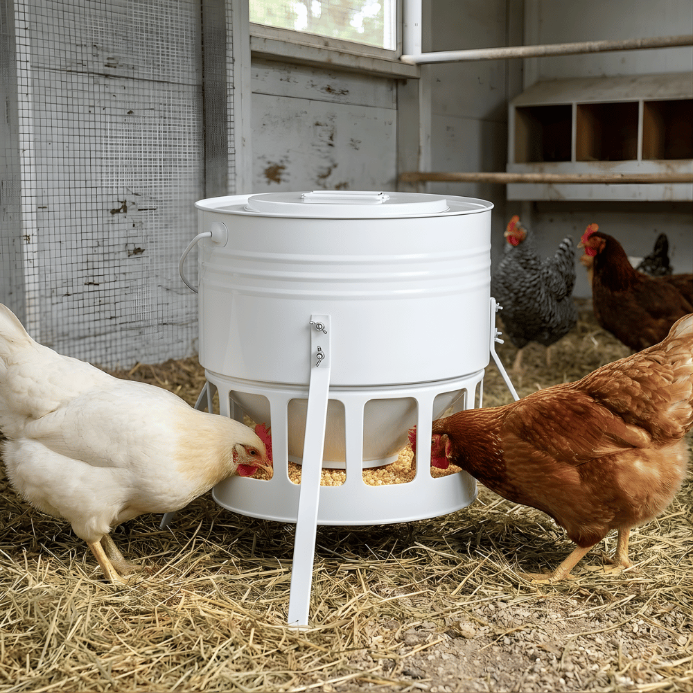 White chicken feeder with chickens around it in a barn setting