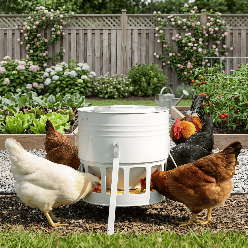 Hens around a white metal chicken feeder in a garden setting with flowers and plants.