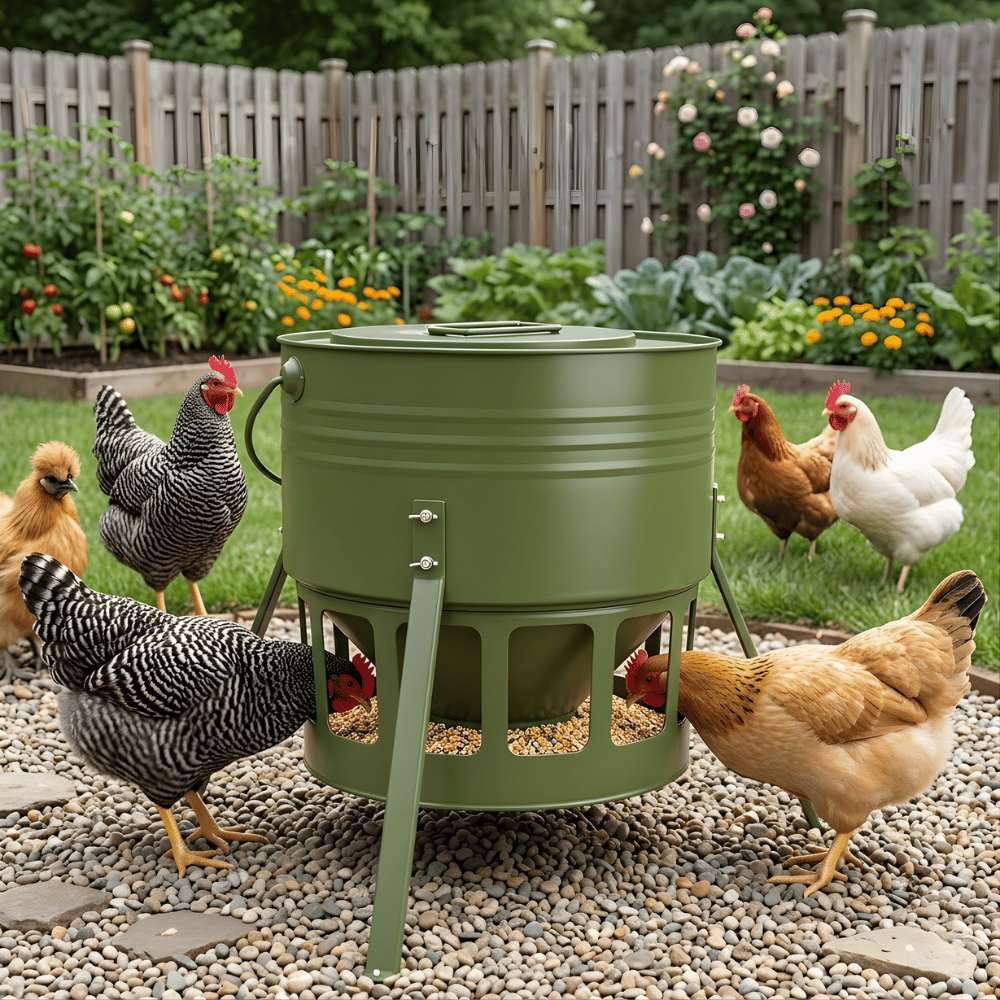 Green chicken feeder with chickens around in a garden setting