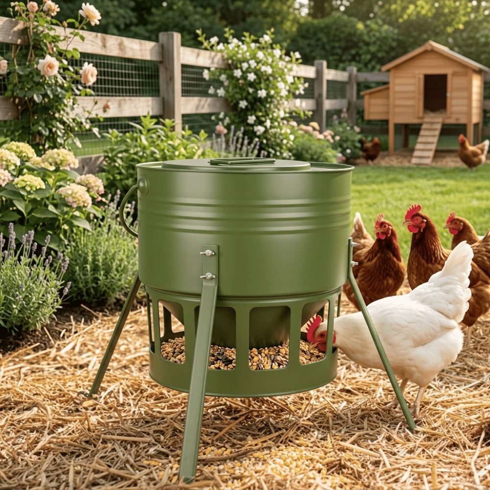 Green metal chicken feeder with chickens around it in a garden setting.