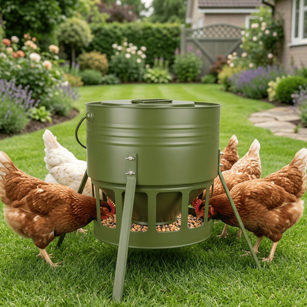 Green metal chicken feeder with chickens around it in a garden setting