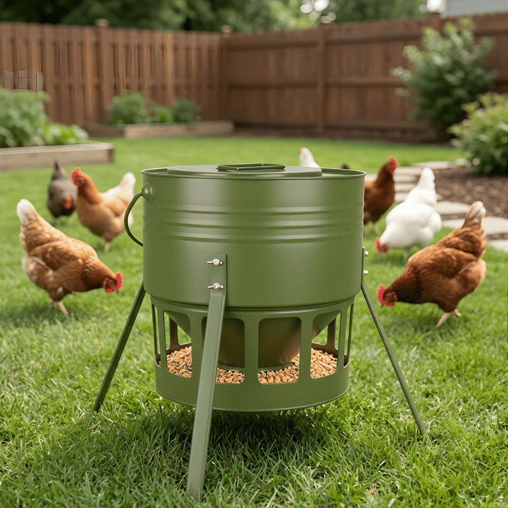Green chicken feeder on grass with chickens in the background
