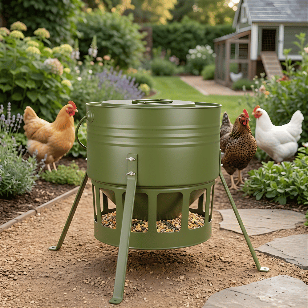 Green metal chicken feeder with chickens around in a garden setting
