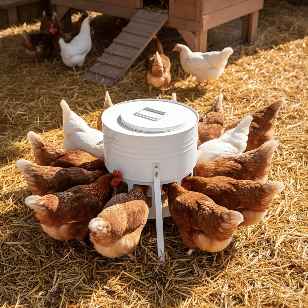 White chicken feeder on a stand surrounded by chickens in a straw-covered coop