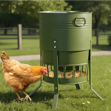 Green chicken feeder with a chicken in a grassy area